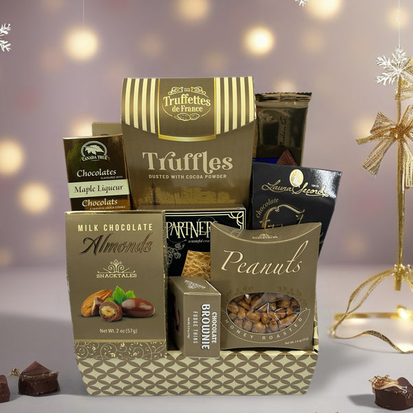 fudge, truffles, chocolate bar, peanuts, chocolate covered almonds, brownie thins, crackers