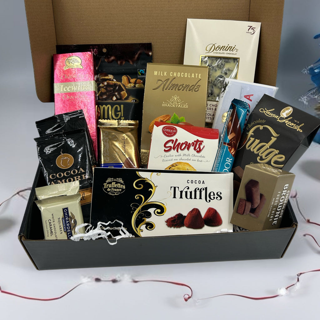 assorted chocolates, truffles, nuts, shortbread, hot chooclate.  Christmas gift boxes in Ottawa