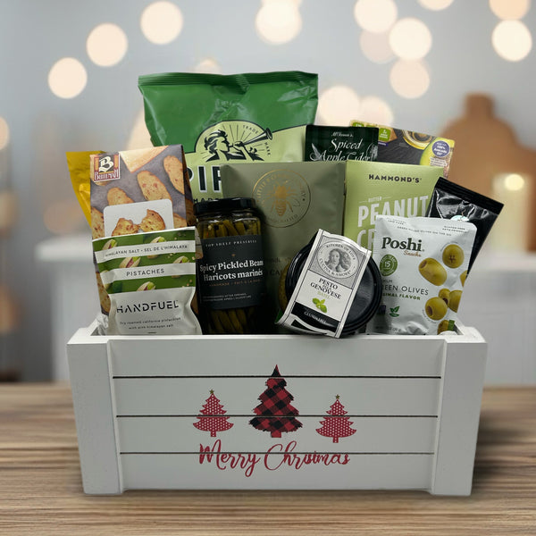 chips, gouda bites, nuts, chocolate, olives, pickled beans, pesto, crackers, hot chocolate