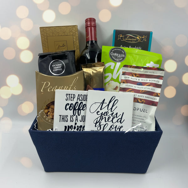 coffee, wine, truffles, chocolate bar, shortbread, nuts, 2 fun coasters.  Realtor closing gifts in Ottawa.  Thank-you gifts in ottawa