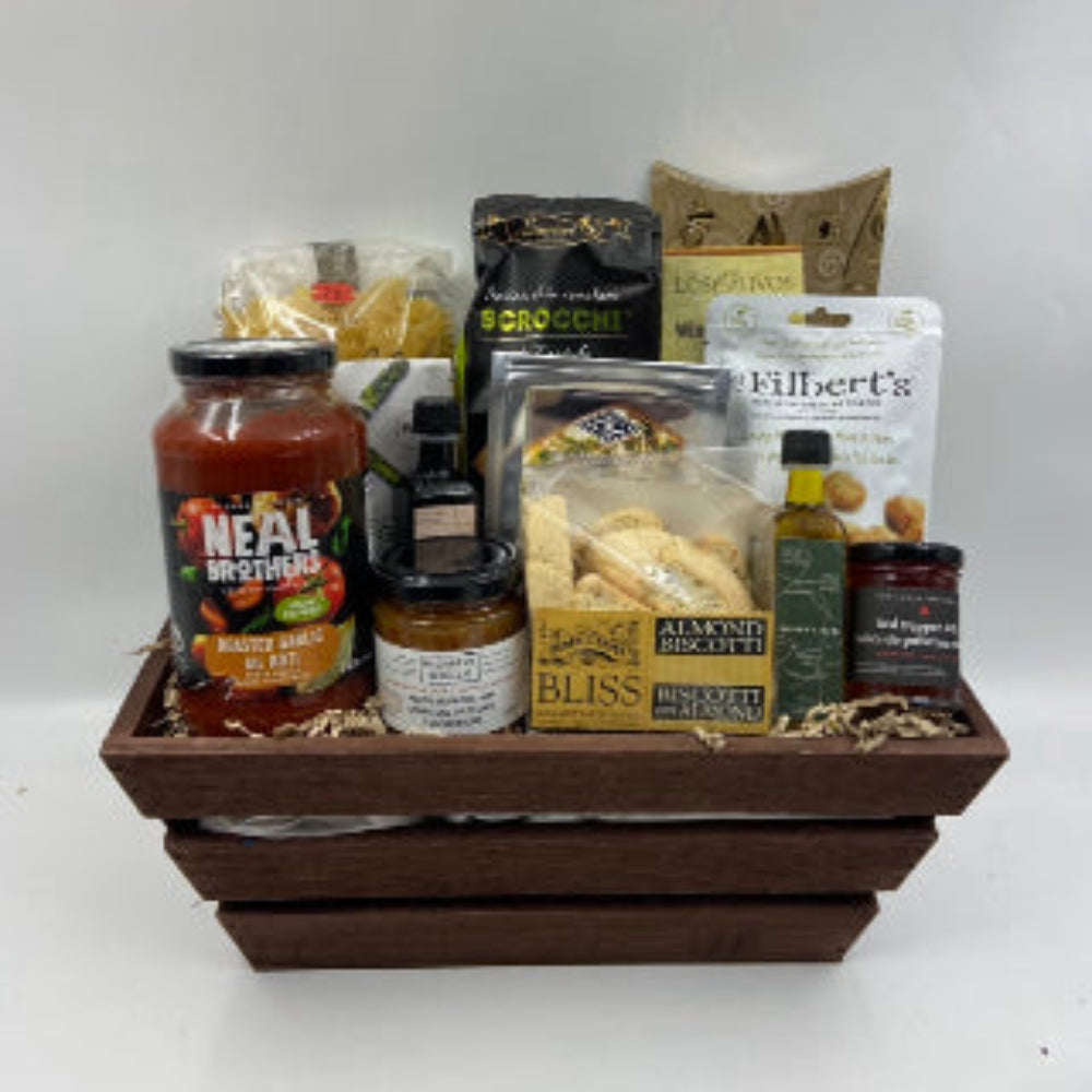 smoked salmon, pasta sauce and noodles, assorted crackers, olive oil and balsamic vinegar, delicious spreads, bisotti, nuts and dip seasoning. Closing Gifts in Ottawa. Realtor Gifts in Ottawa.  Birthday Gift Baskets in Ottawa.