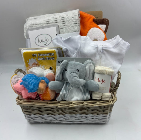 blanket, hooded towel, facecloths, sleeper, onesie, bath book and bath toys, plush toy