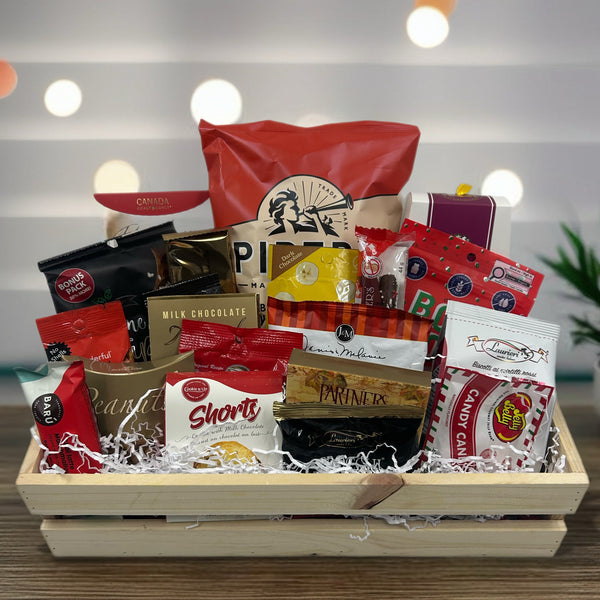 Assorted chocolates, chips, crackers, nuts, shortbread and candies.  Great for Christmas Office Gifts in Ottawa.  Corporate gifts in Ottawa. Employee Gifts in Ottawa