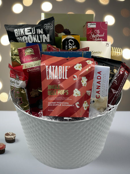 assorted crackers, breadsticks, pretzels, chips, nuts, chocolates, truffles, shortbread.  Great Sharing Gifts in Ottawa