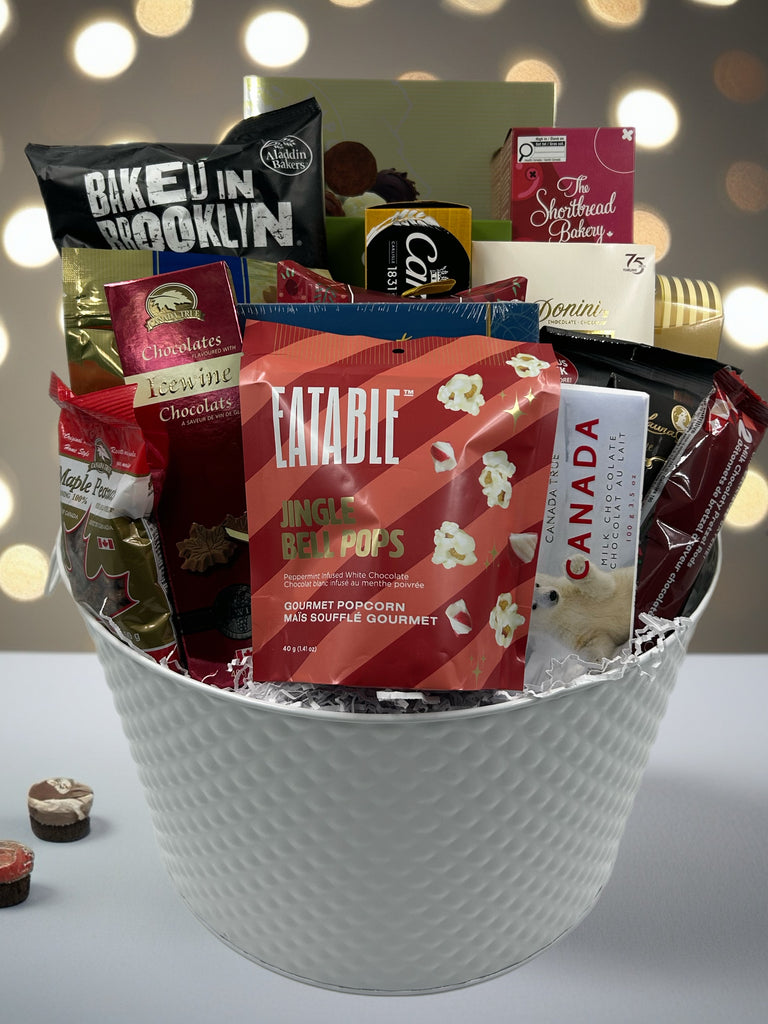 assorted crackers, breadsticks, pretzels, chips, nuts, chocolates, truffles, shortbread.  Great Sharing Gifts in Ottawa