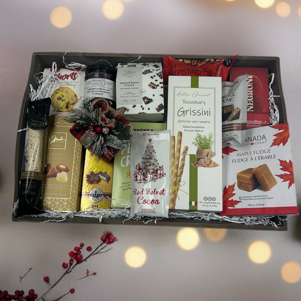 fudge, biscotti, shortbread, nuts, chocolate, fudge, breadsticks, almond crunch, peanut crunch, hot chocolate, gummies.  Christmas gifts for familes in Ottawa.  Thoughtful Christmas gifts in Ottawa