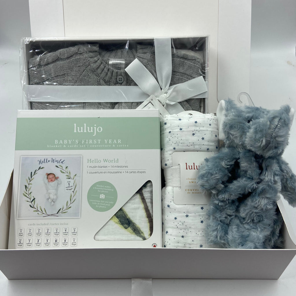 Baby gift set with knitted sweater and hat, blanket, Baby's first year card/blanket set, and plush toy.