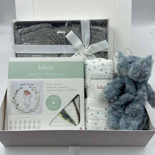 Baby gift set with knitted sweater and hat, blanket, Baby's first year card/blanket set, and plush toy.