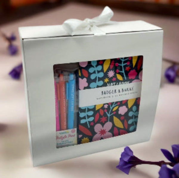 Gift box with set of 3 fun pens, colourful journal, champagne infused popcorn and a simmer pot kit.  Thoughful gift boxes in Ottawa