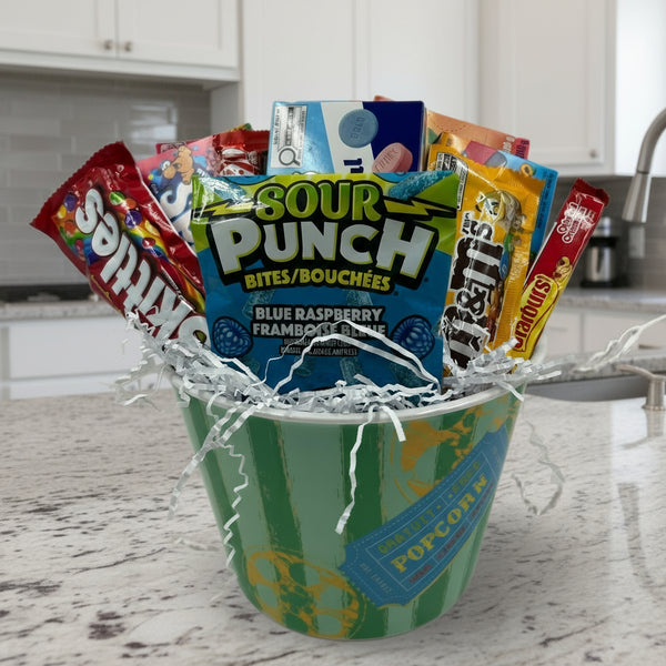 Great for kids birthday gifts in Ottawa.  Assorted candies, chocolate and popcorn in an acrylic popcorn bowl