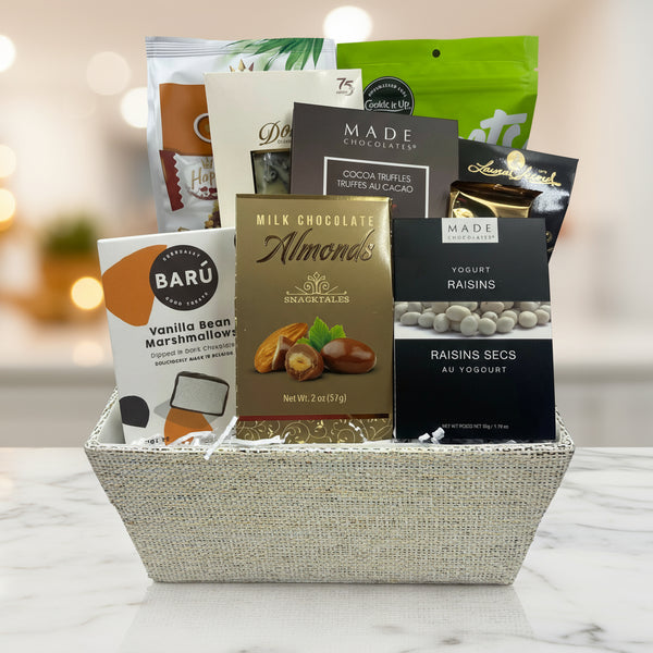 includes shortbread, chocolate wafer cookies, truffles, fudge, chocolate covered almonds, chocolate covered marshmallows, yogurt dipped raisins, chocolate bark