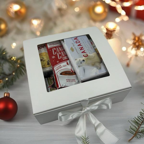 chocolate bar, hot chocolate, shortbread, peanuts, jelly bellies, cookies. Christmas Client Gifts for Christmas Ottawa.  Employee Appreciation Gifts in Ottawa