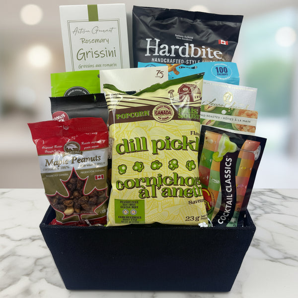 a mix of sweet and salty snacks including chips, breadsticks, shortbread, pretzels, assorted nuts, popcorn, candies, chocoalte bark and chocolate bar, sesame chips.  Thank-you gift baskets in ottawa.  birthday baskets in ottawa