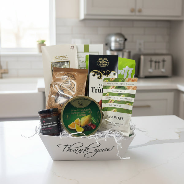 local jam, chocolate bark, candies, nuts, truffles, shortbread, pretzels, breadsticks