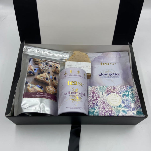 Scone mix, premium tea, all natural bar of soap, body scrub and local chocolate bar.  Thinking of you and birthday gift boxes in Ottawa