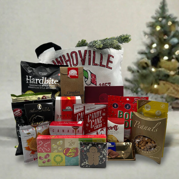 Large tote filled with chocolate, chips, crackers, nuts, candies