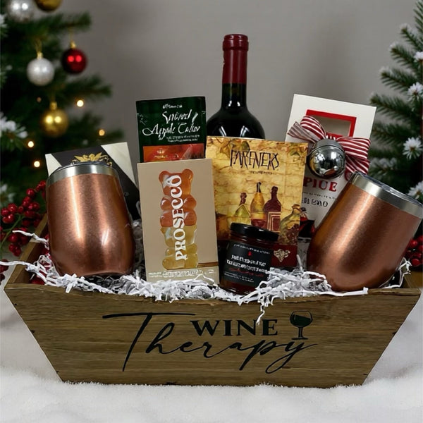 2 rose gold stainless steel stemless glasses, wine, mulling spices, apple cider mix, cheese, crackers, jelly