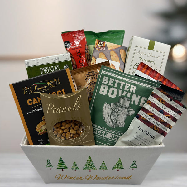 chips, pretzels, breadsticks, beef jerkey, peanuts, mixed nuts, pistachios, biscotti, crackers, cheese straws, gouda bites.  Employee Christmas Gifts in Ottawa.  Corporate Christmas gifts in Ottawa