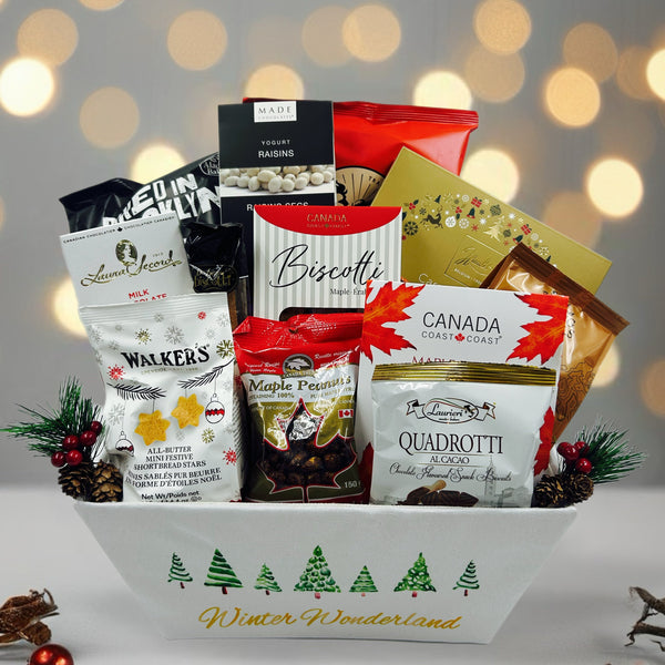 chips, biscotti, chocolate caramel, chocolate covered raisins, cookies, shortbread, nuts, chocolate bar, pretzels, fudge.  Christmas gift baskets in Ottawa