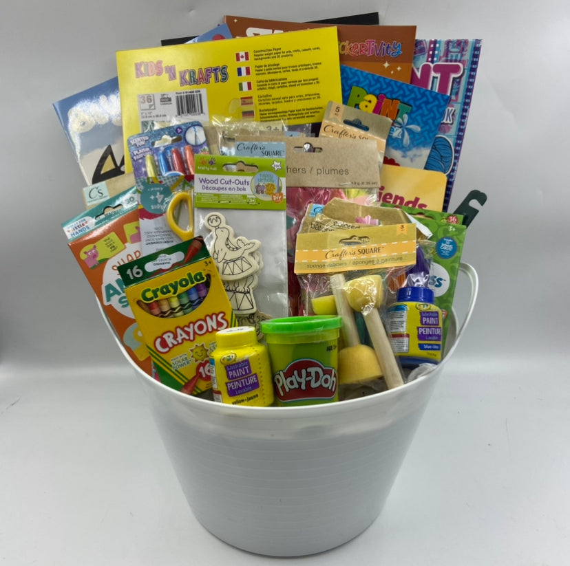 A larger version of our kids craft basket filled with colouring and activity books, crayons, paints, craft sets and more