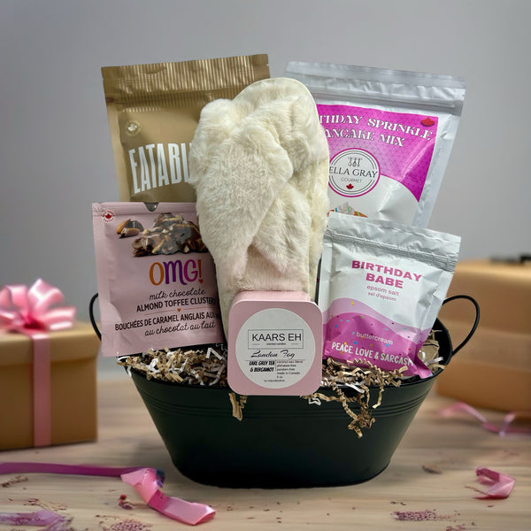 birhday babe bath salts, candle, slippers, popcorn, chocolate, birthday themed pancake mix.  Birthday gifts in Ottawa