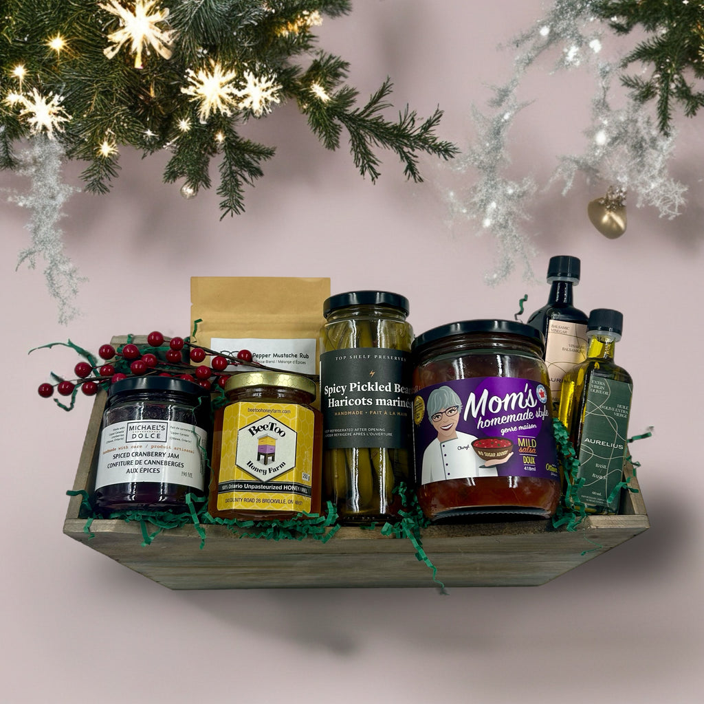 Local Ottawa gift baskets for Christmas includes local jam, honey, seasonings, olive oil, balsamic vinegar, pickled beans and salsa