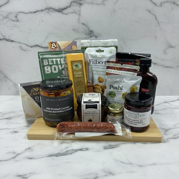 cheeses, crackers, nuts, spreads, dip mix, olives, beef jerky, cured sausage, savoury spreads, tangy mustard, sesame chips, gourmet hot sauce, pickled carrots