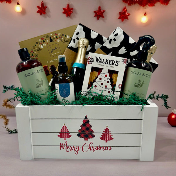 Great Christmas couples gifts in Ottawa featuring canadian designed kitchen towels, clensers, shortbread, linen spray, chocolate caramels