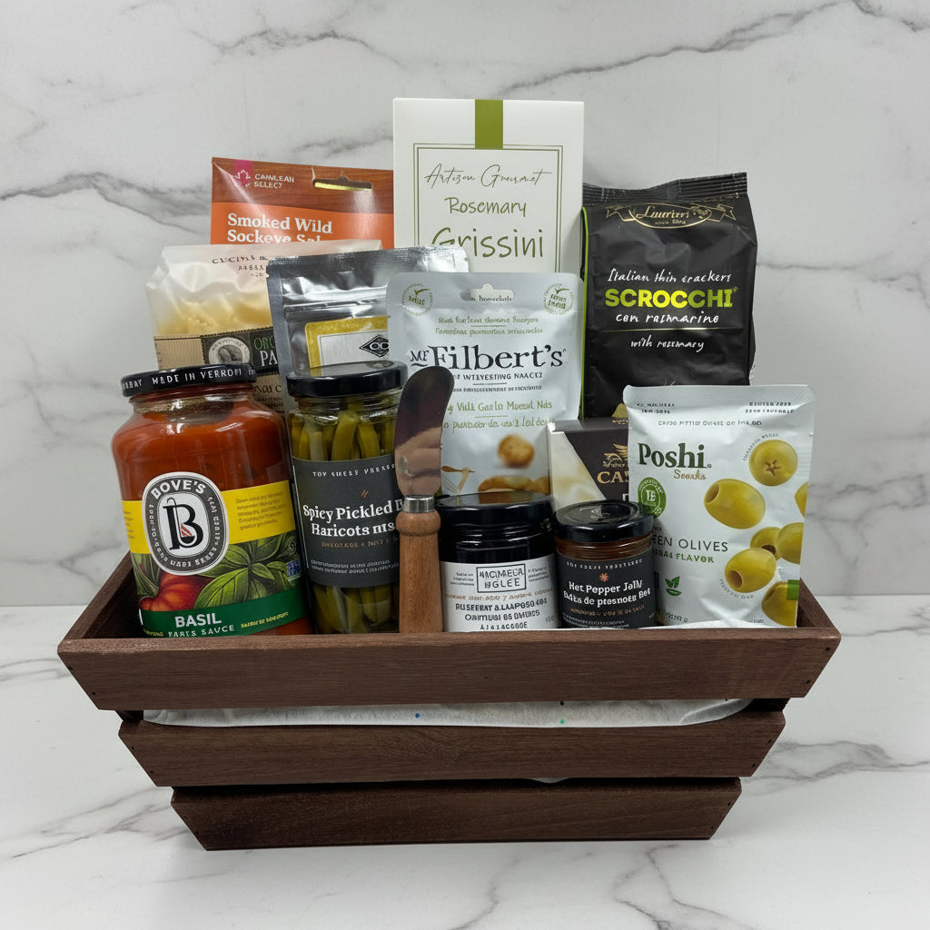 smoked salmon, olives, breadsticks, crackers, pasta sauce, noodles, 2 savoury jams, cheese and spreader, nuts, pickled beans, dip mix.  Realtor Gift baskets in Ottawa.  Get Well Gift baskets in ottawa