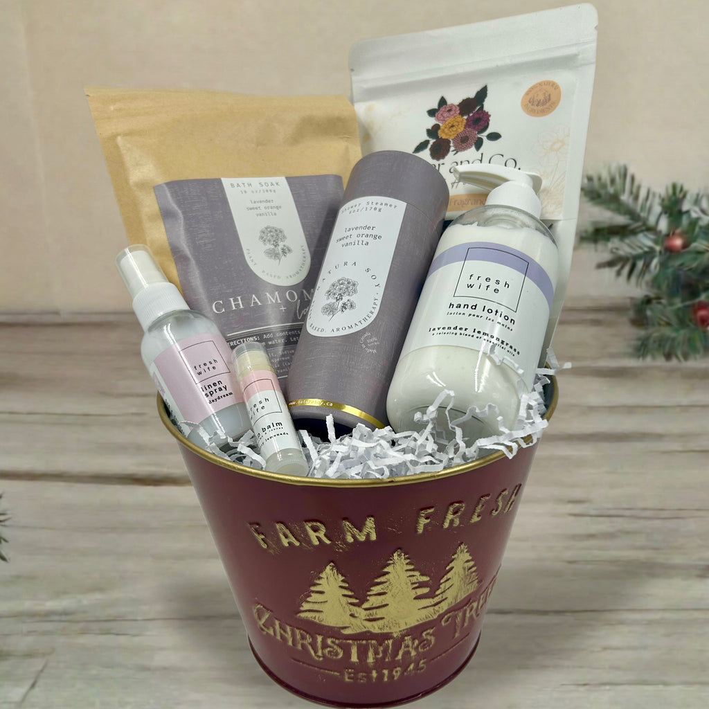 lotion, bath soak, shower steamers, lip balm, simmer pot mix, linen spray. Spa Gift Baskets for Christmas