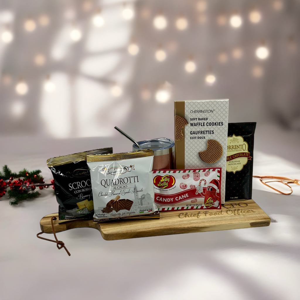 cookies, crackers, hot chocolate, candies, rose gold tumbler.  Great for administrative christmas gifts in ottawa