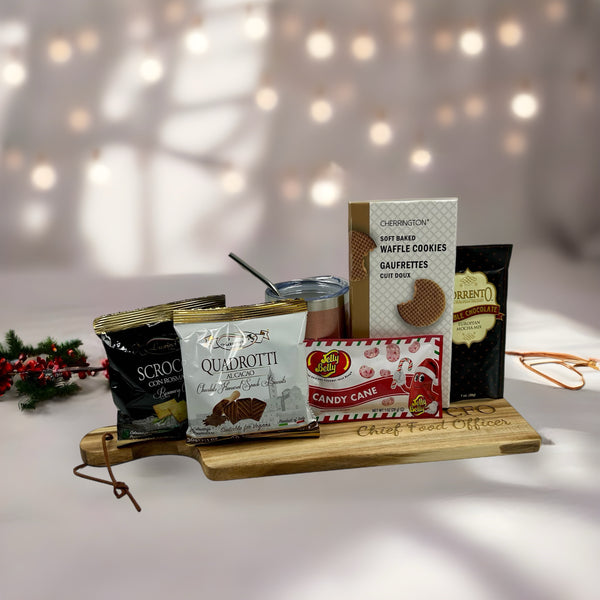 cookies, crackers, hot chocolate, candies, rose gold tumbler.  Great for administrative christmas gifts in ottawa