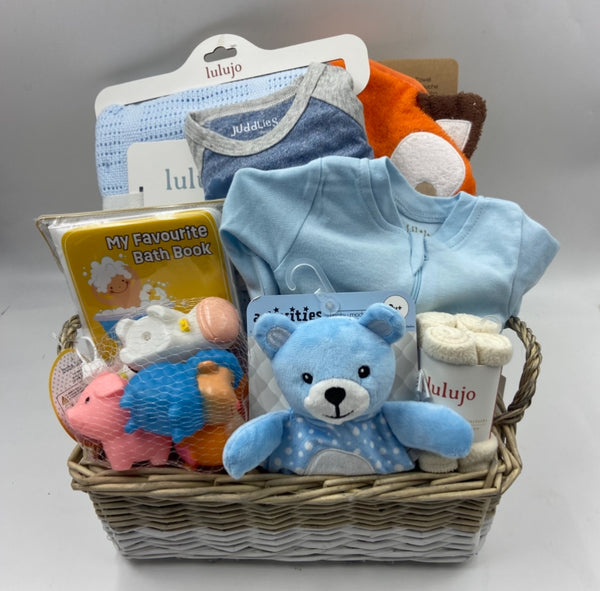 blanket, hooded towel, facecloths, sleeper, onesie, bath book and bath toys, plush toy