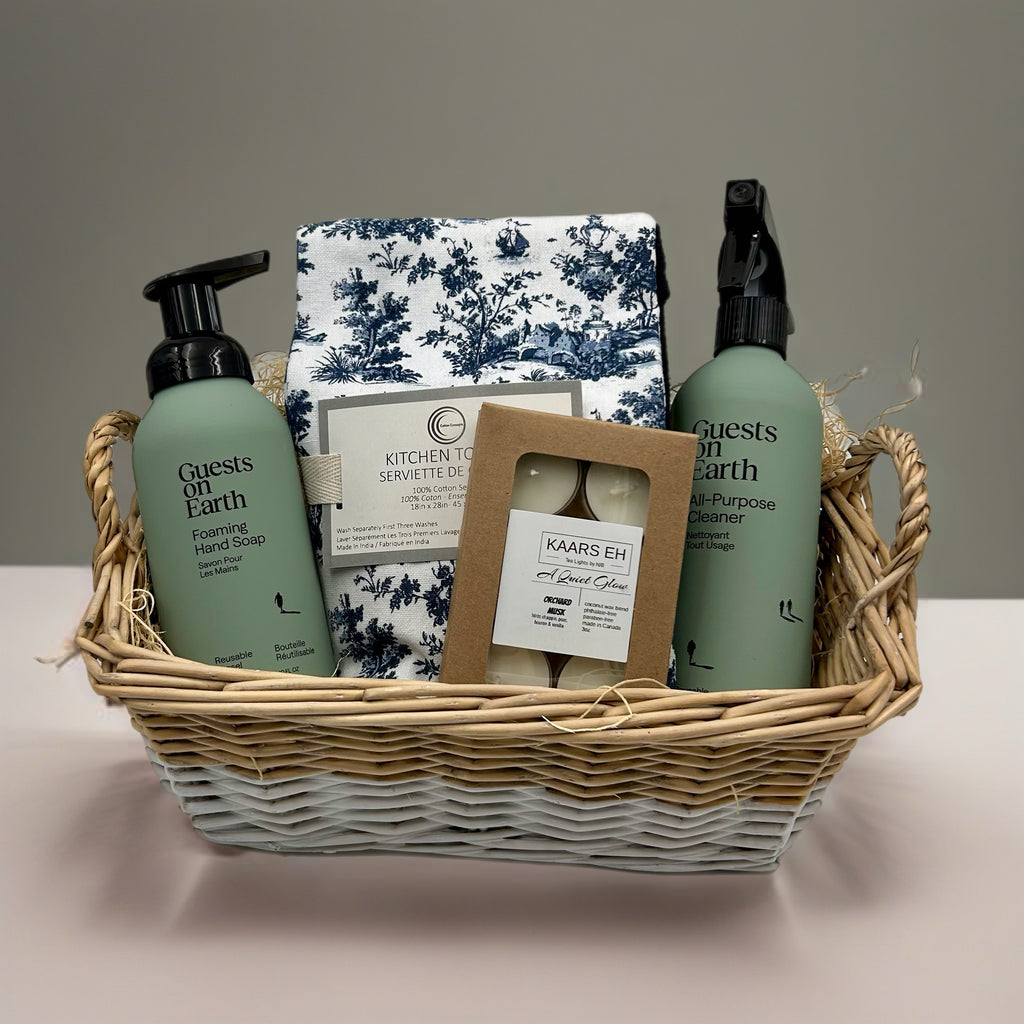 Guests on Earth foaming hand soap, Guests on Earth all purpose cleaner, set of 3 kitchen towels and 6 lightly scented tealights