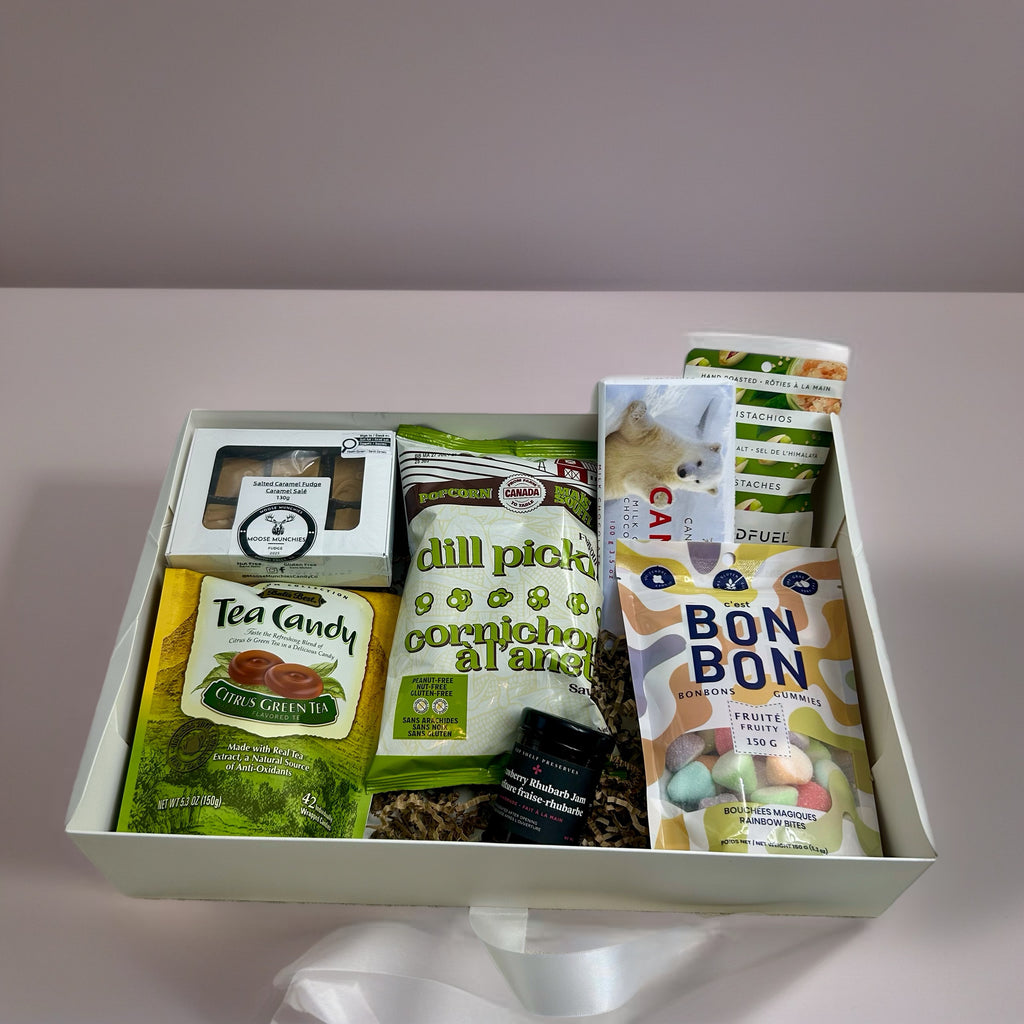 Gluten free gift boxes in Ottawa includes fudge, bonbons, tea candies, nuts, chocolate bar, popcorn and jam