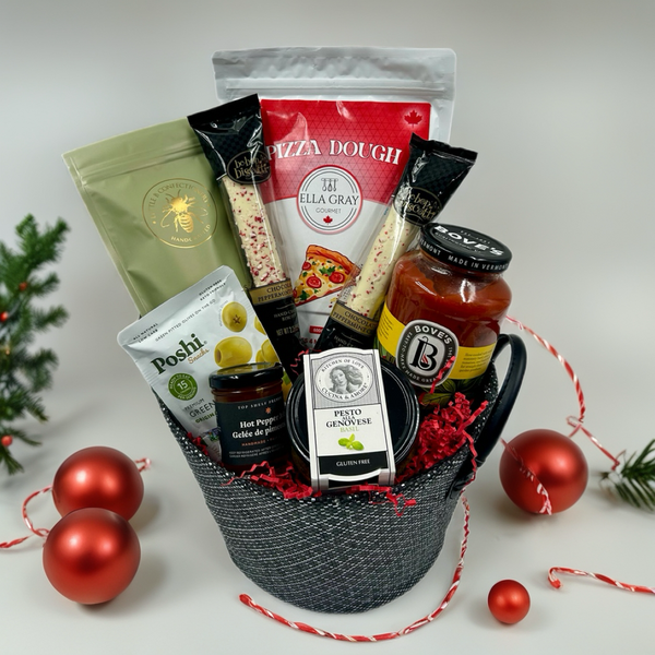pizza dough mix, sauce, biscotti, tapenade, olives, chai caramels, pepper jelly.  Christmas gift baskets for families in Ottawa