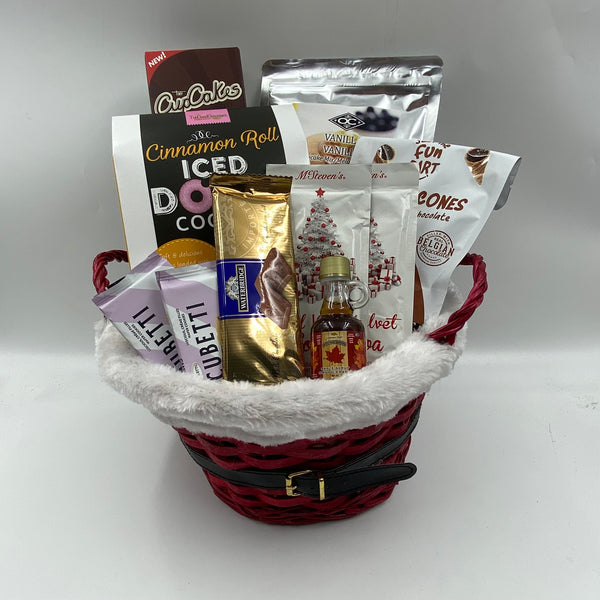 This fun-filled basket has everything kids need for a festive breakfast and treats: fluffy pancake mix, pure maple syrup, delicious cookies, hot chocolate, chocolate and donuts. It's the perfect way to start a cozy holiday morning with sweet delights and warm sips.