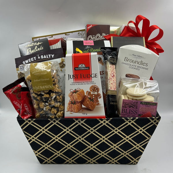 Our Crowd Pleaser gift basket is designed to satisfy any group, whether it’s family or an office gathering. Packed with a delightful assortment of treats, it includes everything from crackers, assorted cookies, and chocolates to nuts, fudge, biscotti, popcorn, shortbread, pretzels, and so much more. Perfect for sharing!