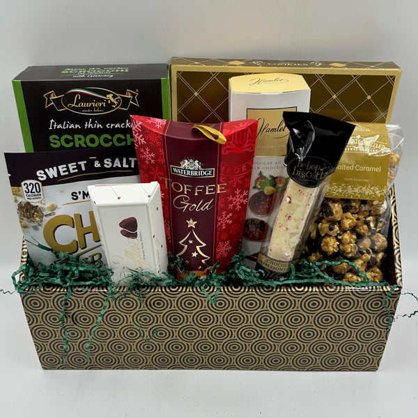 delightful gift basket is brimming with an array of treats, including crackers, cookies, biscotti, a nut mix, truffles, chocolate-drizzled popcorn, chocolate-dipped chips, and toffee.