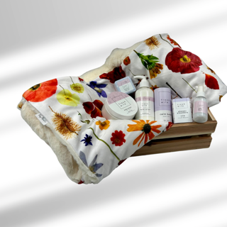 blanket, calm balm, lotion, body butter, shower steamers, bath bomb, linen spray