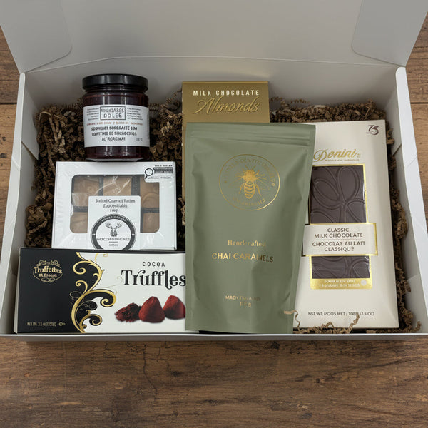 Chocolate gift boxes in Ottawa.  Chai caramels, fudge, truffles, chocolate jam, bark, chocolate covered nuts