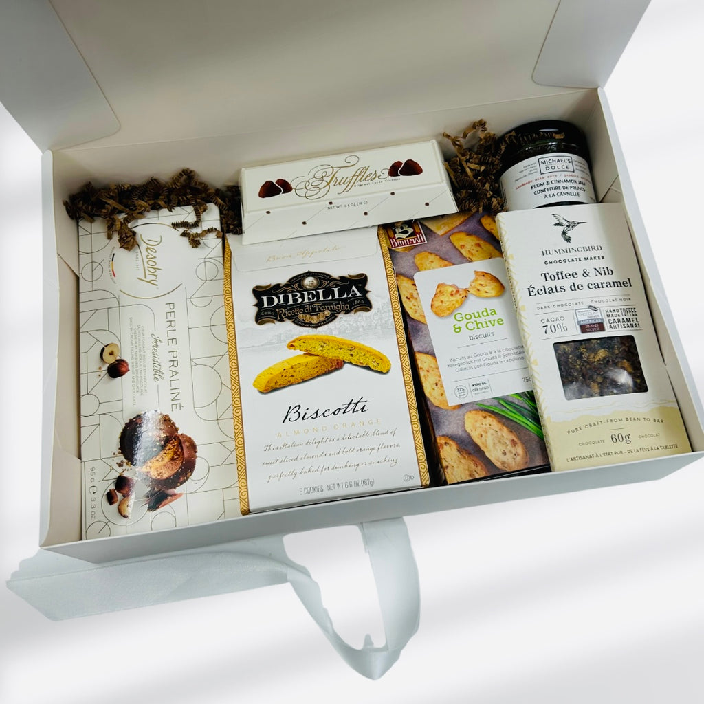 Gift box ottawa with chocolates, truffles, biscotti, gouda bites, local jam 