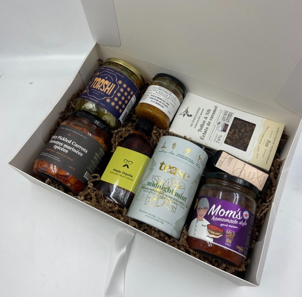 local jam, preserves, salsa, chocolate, premium tea, infused olive oil, maple syrup, pickled veggies.  Gift Baskets in Ottawa