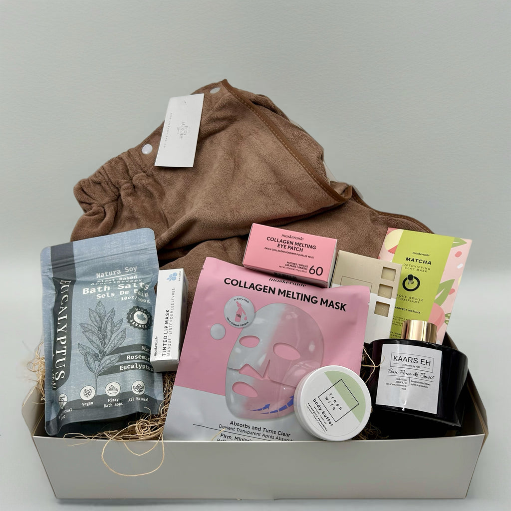 towel wrap, bath salts, lip mask, face mask, clay mask, diffuser, eye masks, body butter