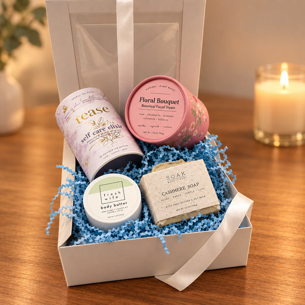 The Quiet Bloom Gift Box - Not Just Baskets- with facial steamer, premium tea, bar of sap and body butter.