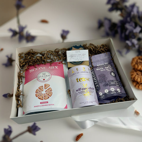 scone mix, premium tea, bath salts and natural soap