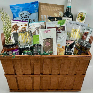 Looking to go in on a wedding/bridal gift with others?&nbsp; This is a perfect idea- filled to the brim with yummy treats including decadent chocolate, fudge, shortbread,&nbsp; tastes of charcuterie with savoury spreads and jam, Mr. and Mrs. stemless wine glasses and a bottle of wine.&nbsp; Can easily be substituted with Mr. and Mr. or Mrs. and Mrs.!