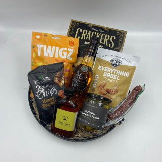 crackers, chips, pretzels, nuts, cured sausage, dill pickles, maple syrup and award winning dunrobin distilleries whisky