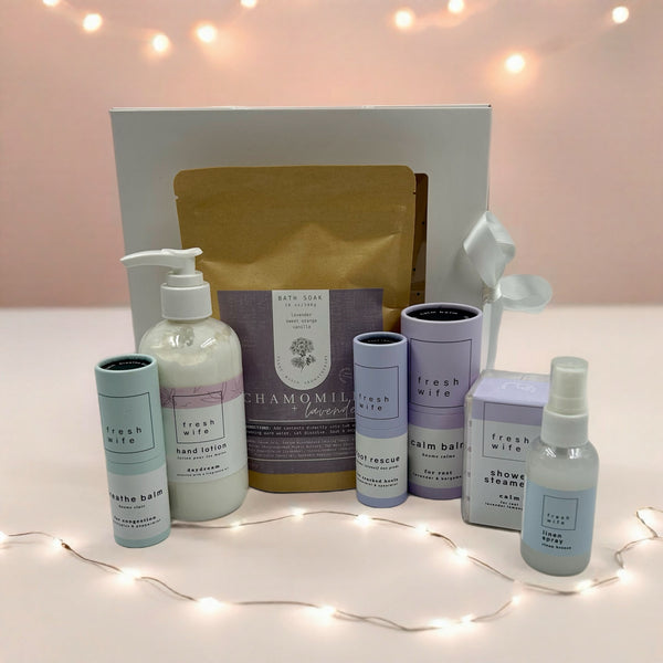 includes all Canadian products- bath soak, calm balm, breathe balm, foot rescue, shower steamers, linen spray and luxurious hand lotion.  Spa gift baskets for her in Ottawa.  Christmas baskets for her