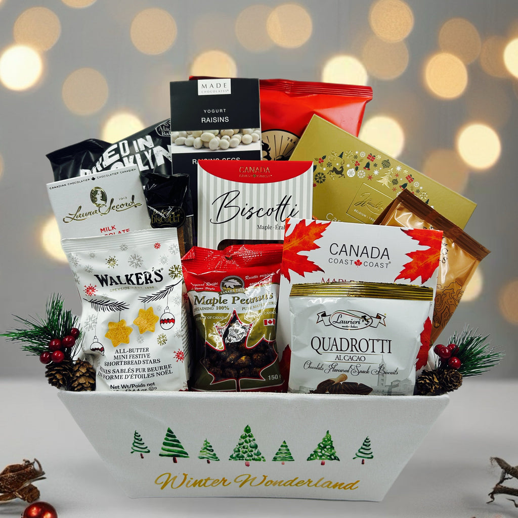 chips, biscotti, chocolate caramel, chocolate covered raisins, cookies, shortbread, nuts, chocolate bar, pretzels, fudge.  Christmas gift baskets in Ottawa
